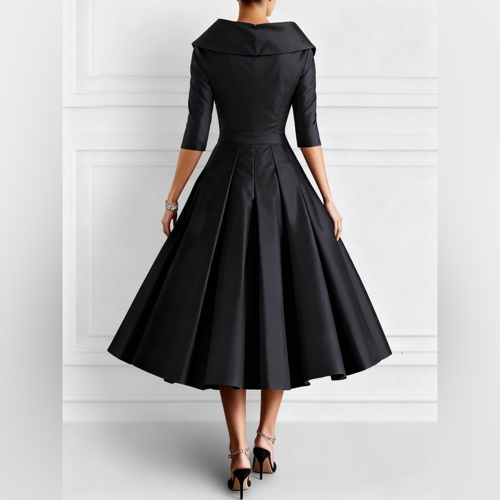 Elegant V-Neck A Line Tea Length Dress With Appliques and Pockets in Black - Picture 2 of 11
